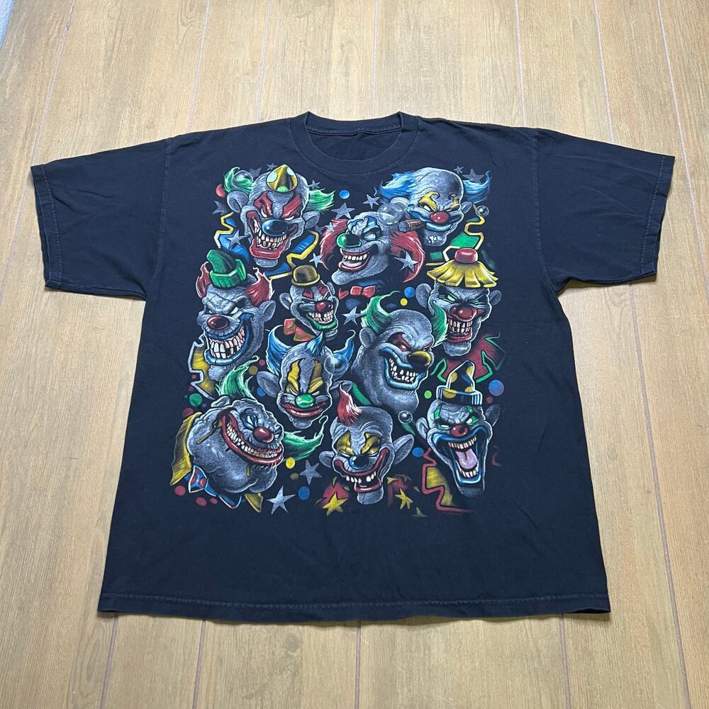 Y2K Liquid Blue Clown Pattern All Over T-Shirt Sz L/XL Black 2011